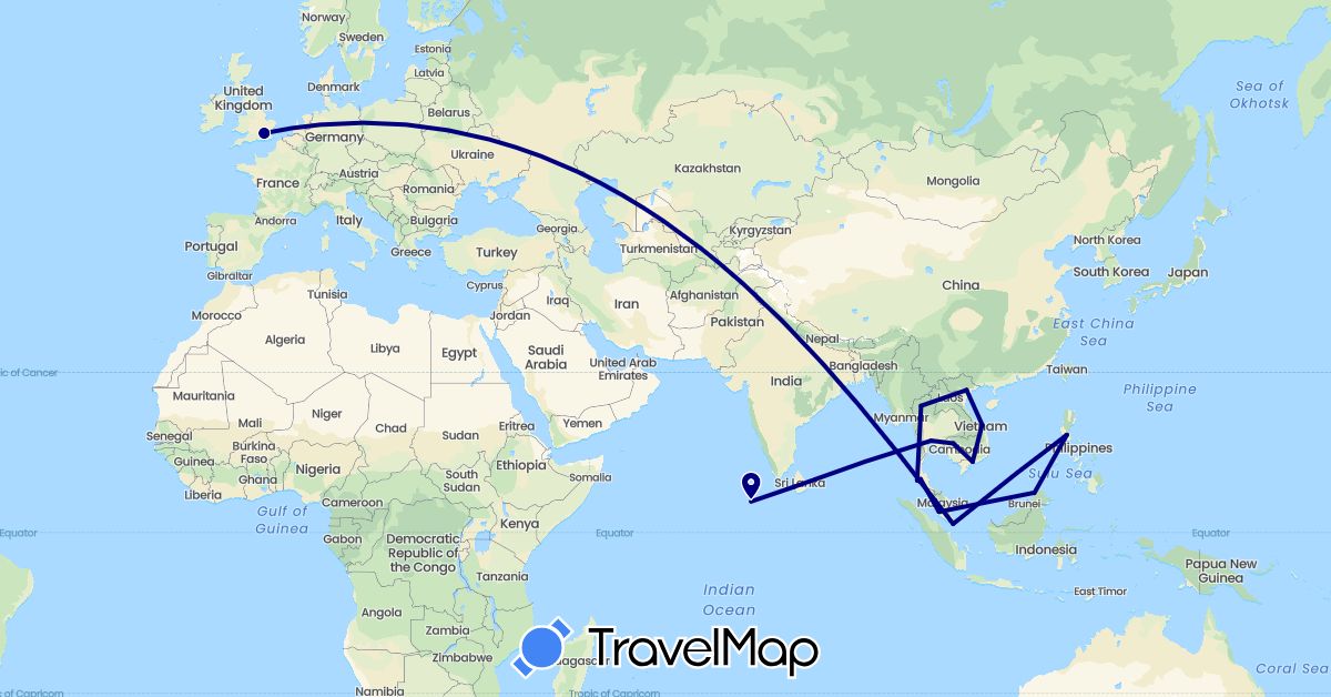 TravelMap itinerary: driving in United Kingdom, Cambodia, Sri Lanka, Maldives, Malaysia, Philippines, Singapore, Thailand, Vietnam (Asia, Europe)